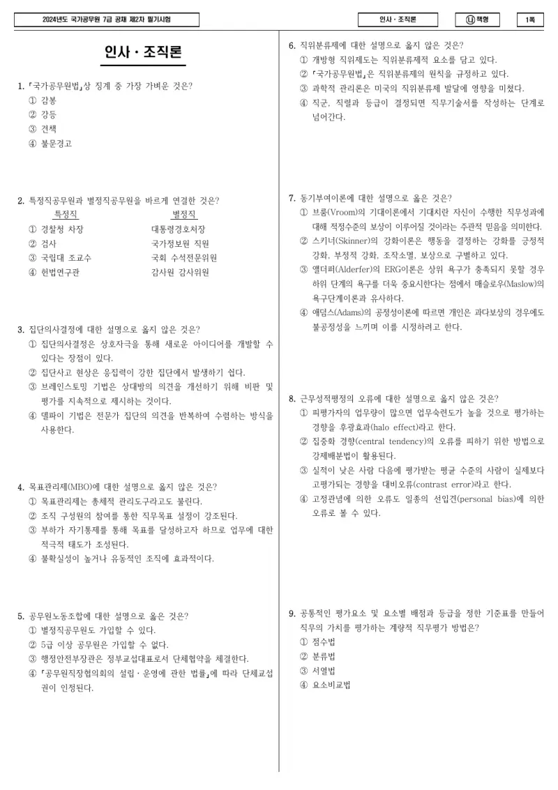 7급 국가직 인사·조직론 2024년 시험지 1쪽