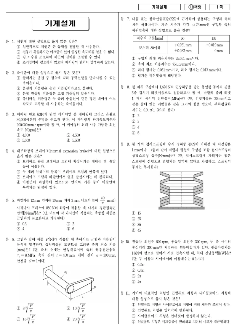 7급 국가직 기계설계 2018년 시험지 1쪽