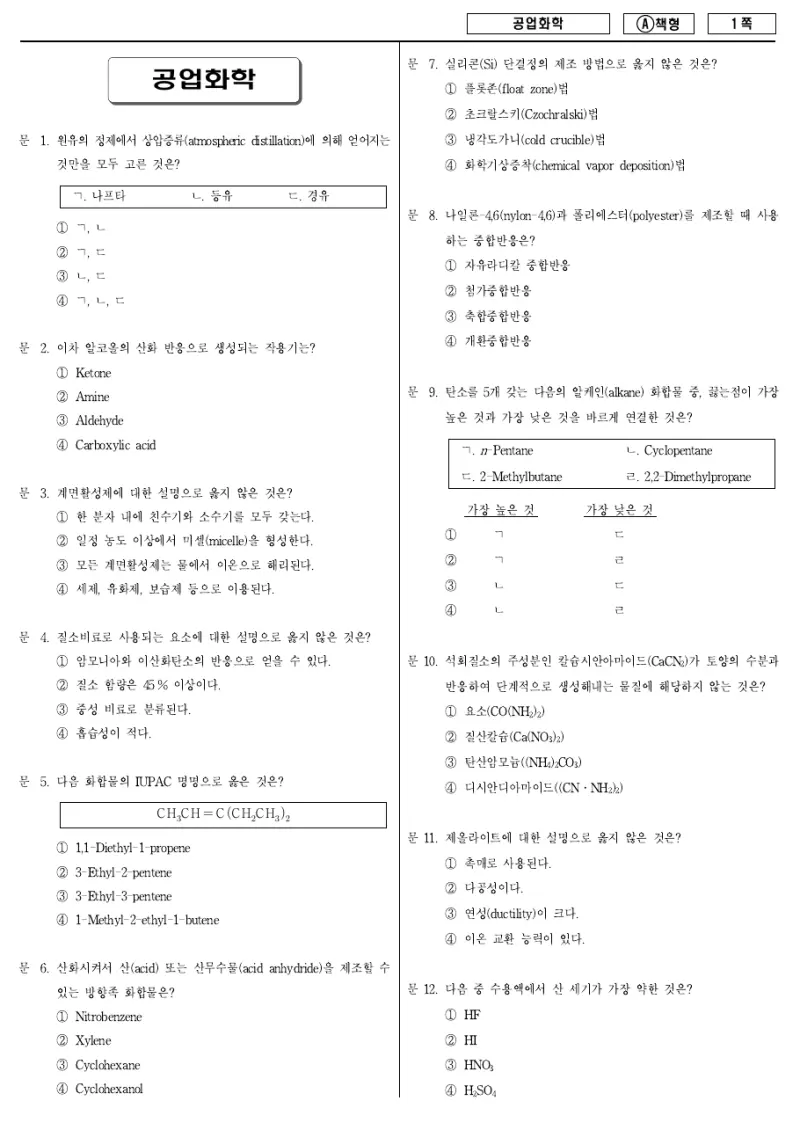 9급 지방직 공업화학 2016년 시험지 1쪽