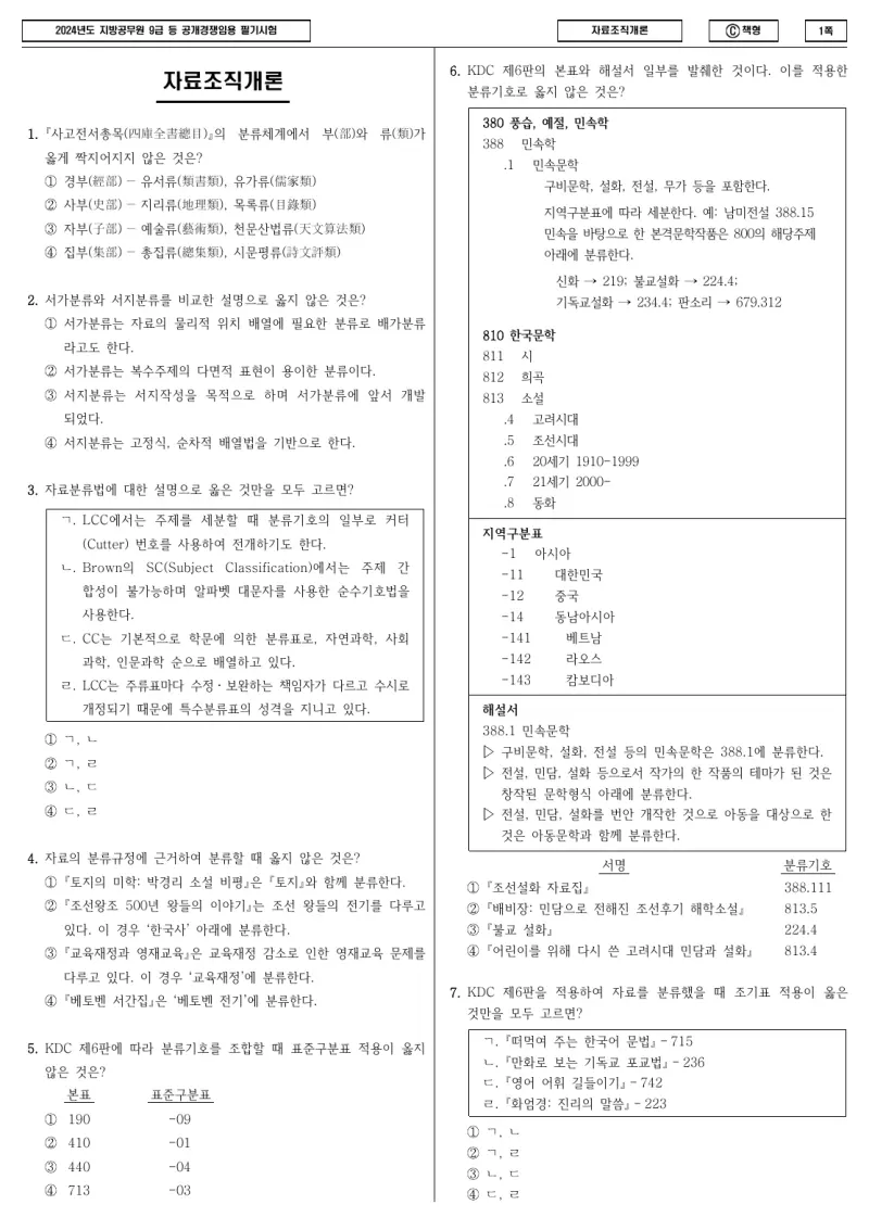 9급 지방직 자료조직개론 2024년 시험지 1쪽