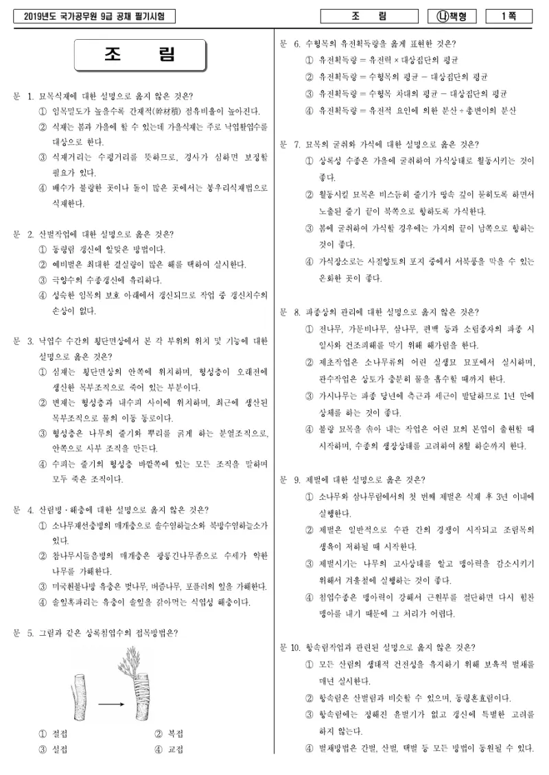 9급 국가직 조림 2019년 시험지 1쪽