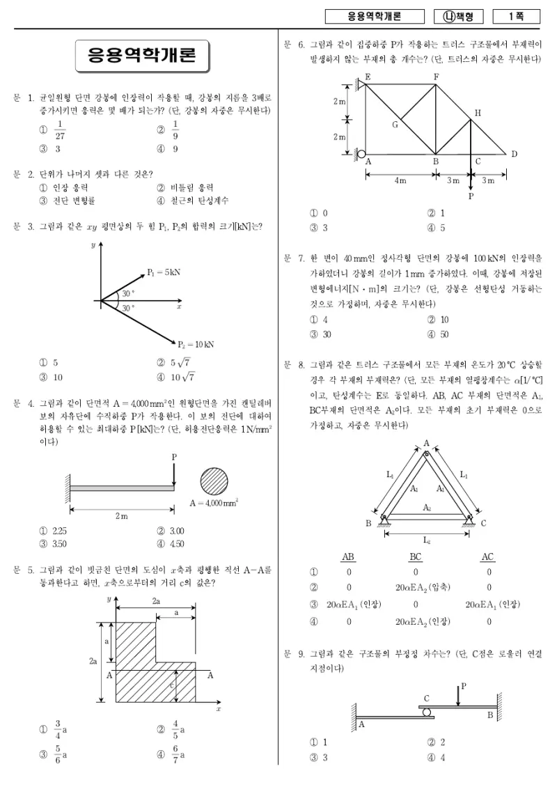 9급 국가직 응용역학개론 2017년 시험지 1쪽