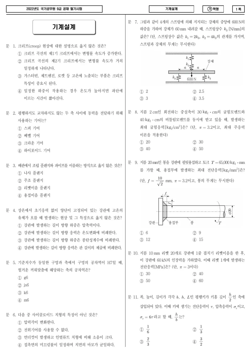 9급 국가직 기계설계 2022년 시험지 1쪽