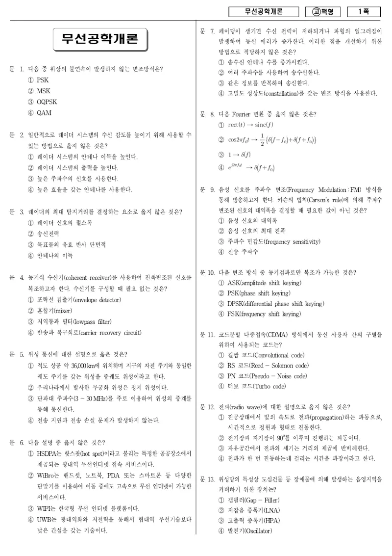 9급 국가직 무선공학개론 2010년 시험지 1쪽