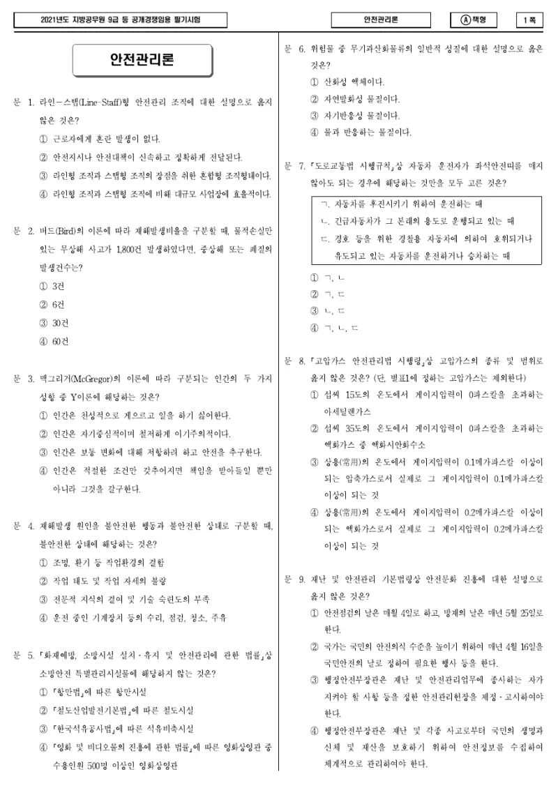 9급 지방직 안전관리론 2021년 시험지 1쪽