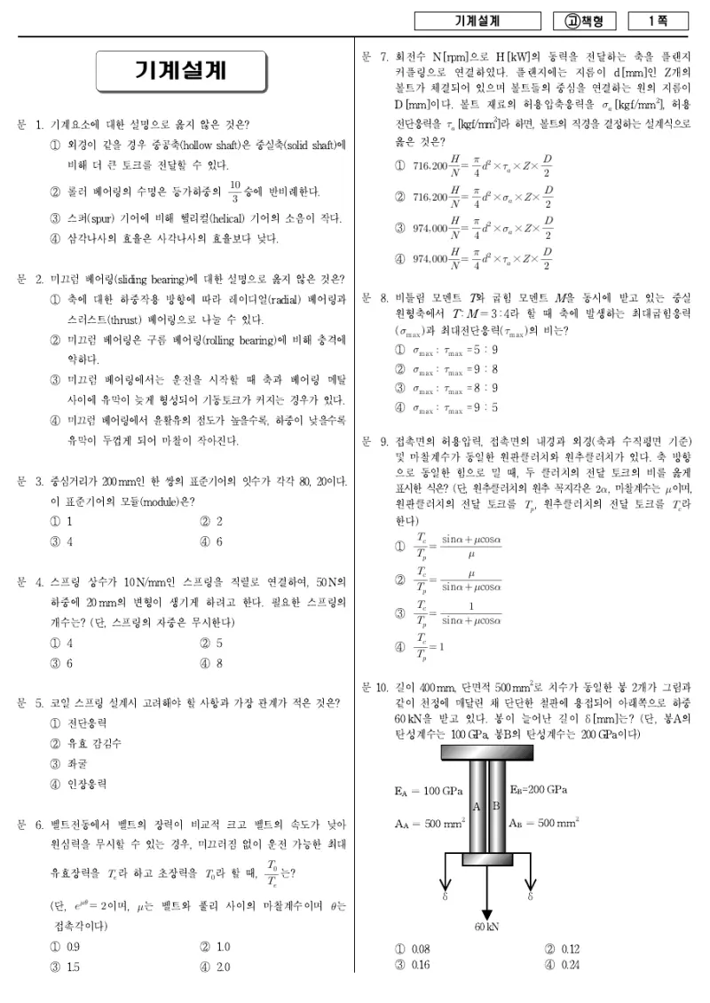 7급 국가직 기계설계 2010년 시험지 1쪽