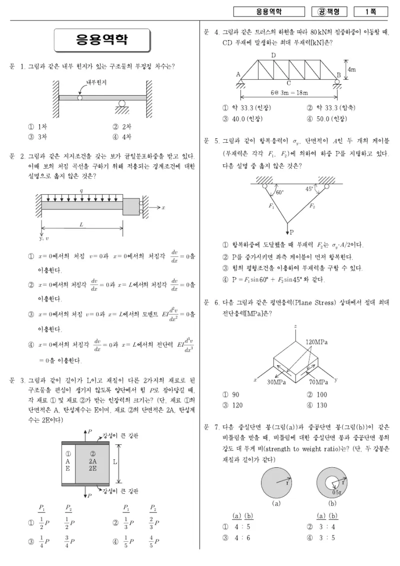 7급 국가직 응용역학 2007년 시험지 1쪽