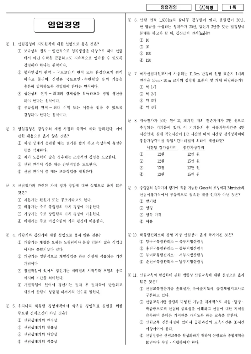 9급 지방직 임업경영 2016년 시험지 1쪽