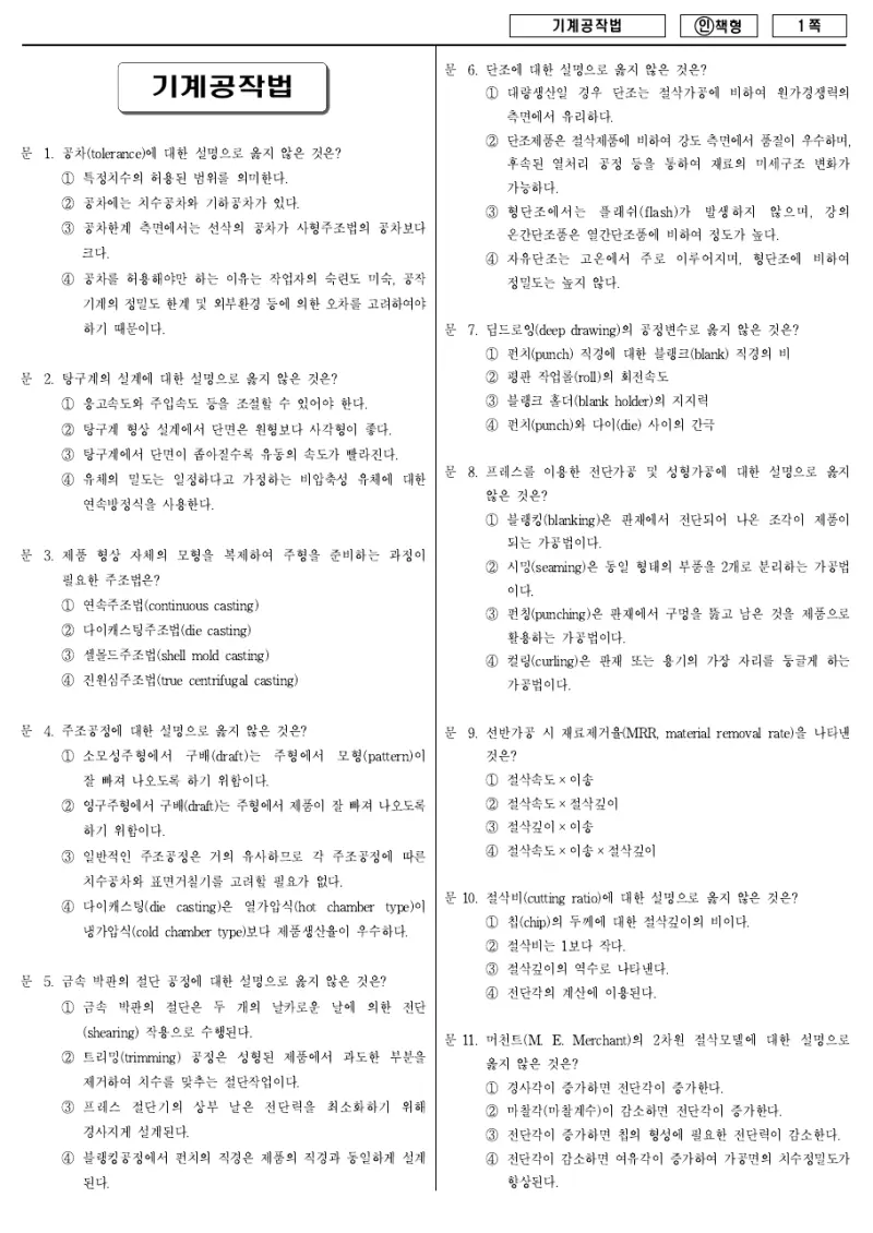 7급 국가직 기계공작법 2012년 시험지 1쪽