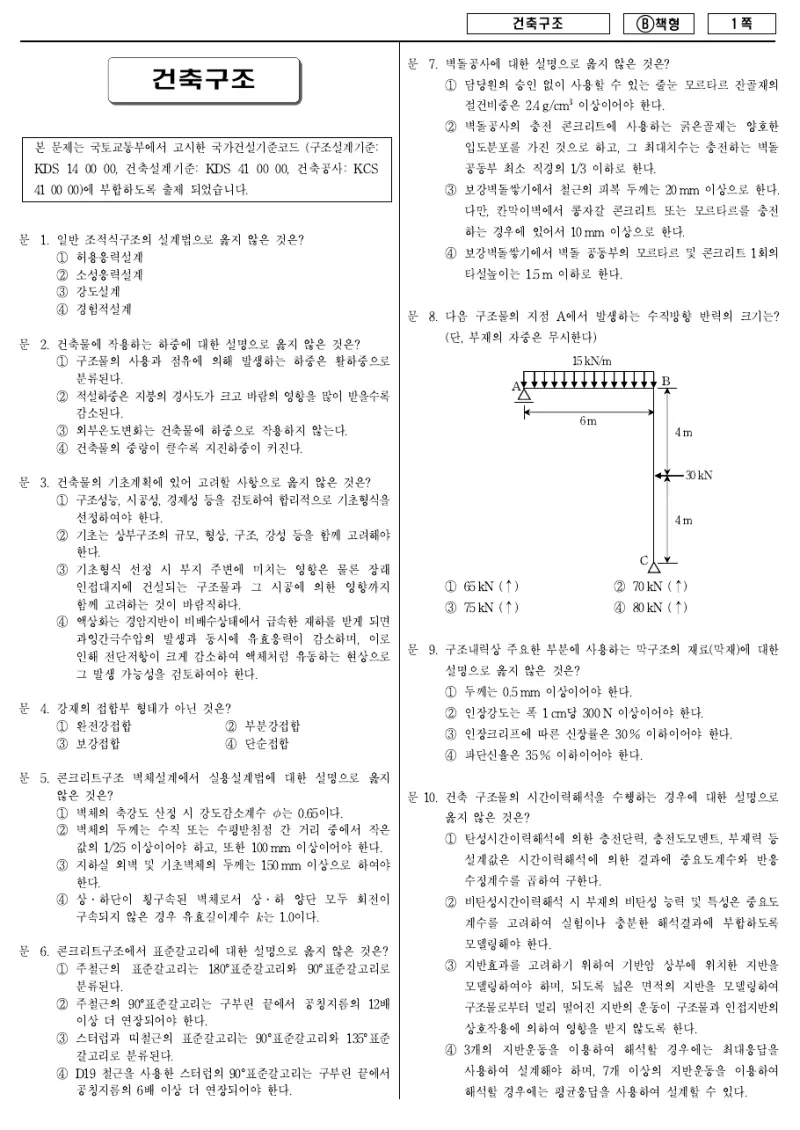 9급 지방직 건축구조 2018년 시험지 1쪽