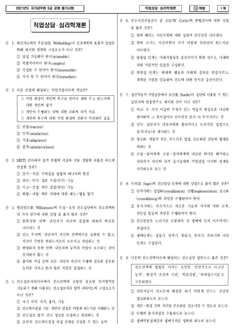 9급 국가직 직업상담·심리학개론 2021년 시험지 1쪽