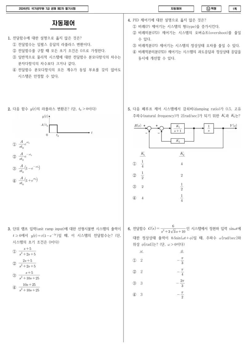7급 국가직 자동제어 2024년 시험지 1쪽