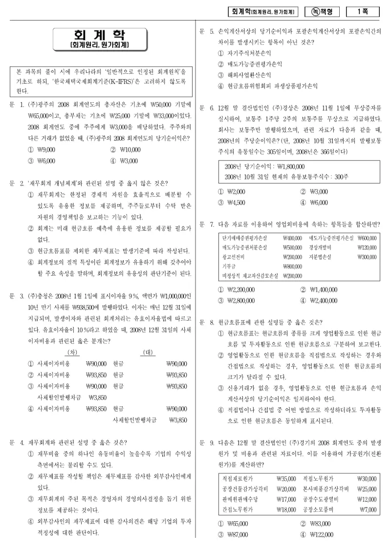 9급 국가직 회계학 2009년 시험지 1쪽