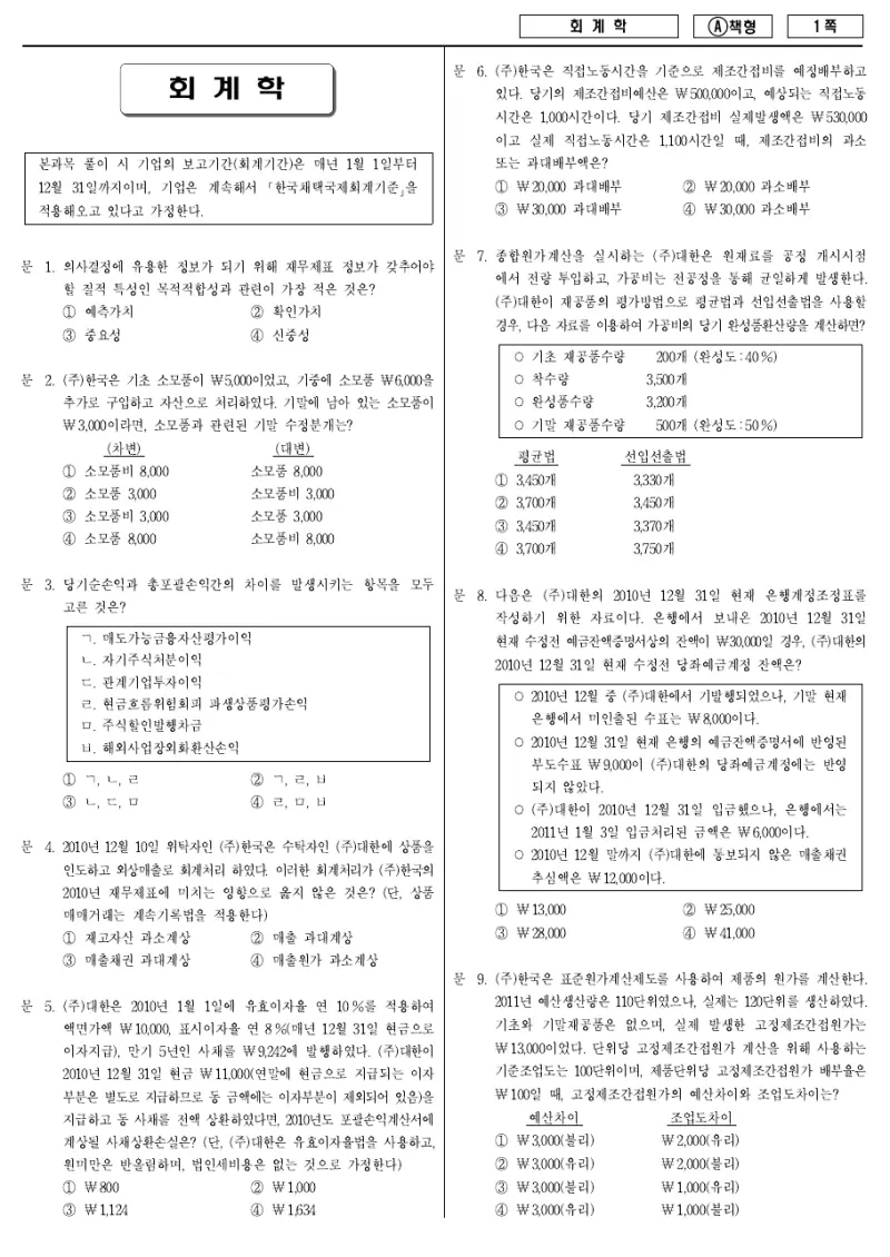 9급 지방직 회계학 2011년 시험지 1쪽