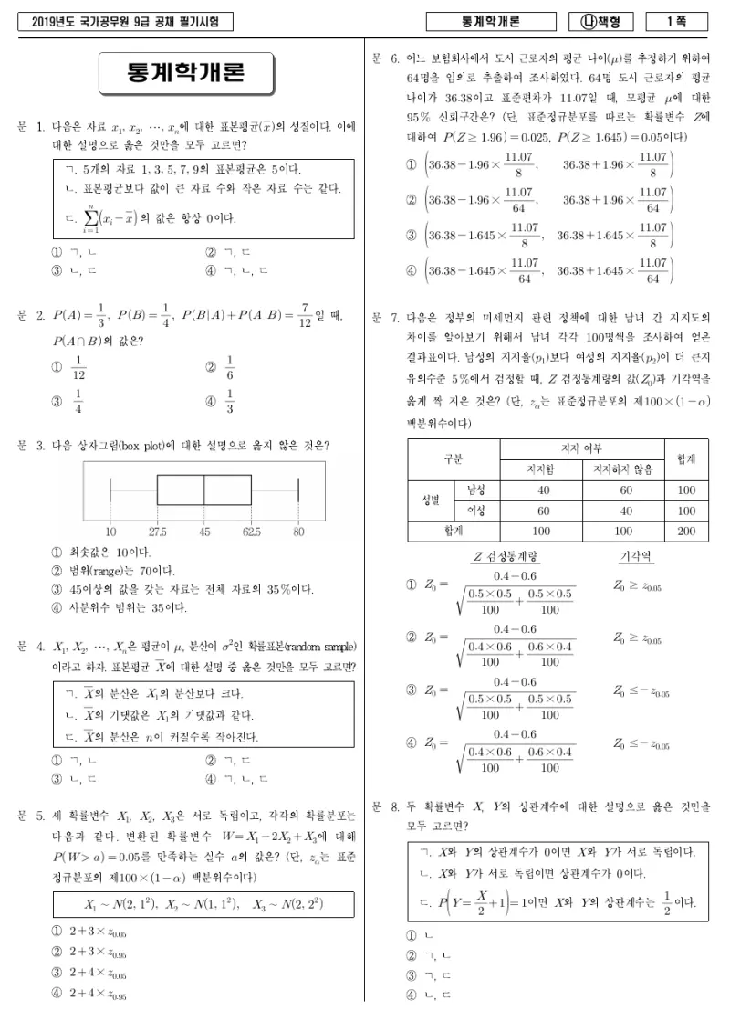 9급 국가직 통계학개론 2019년 시험지 1쪽