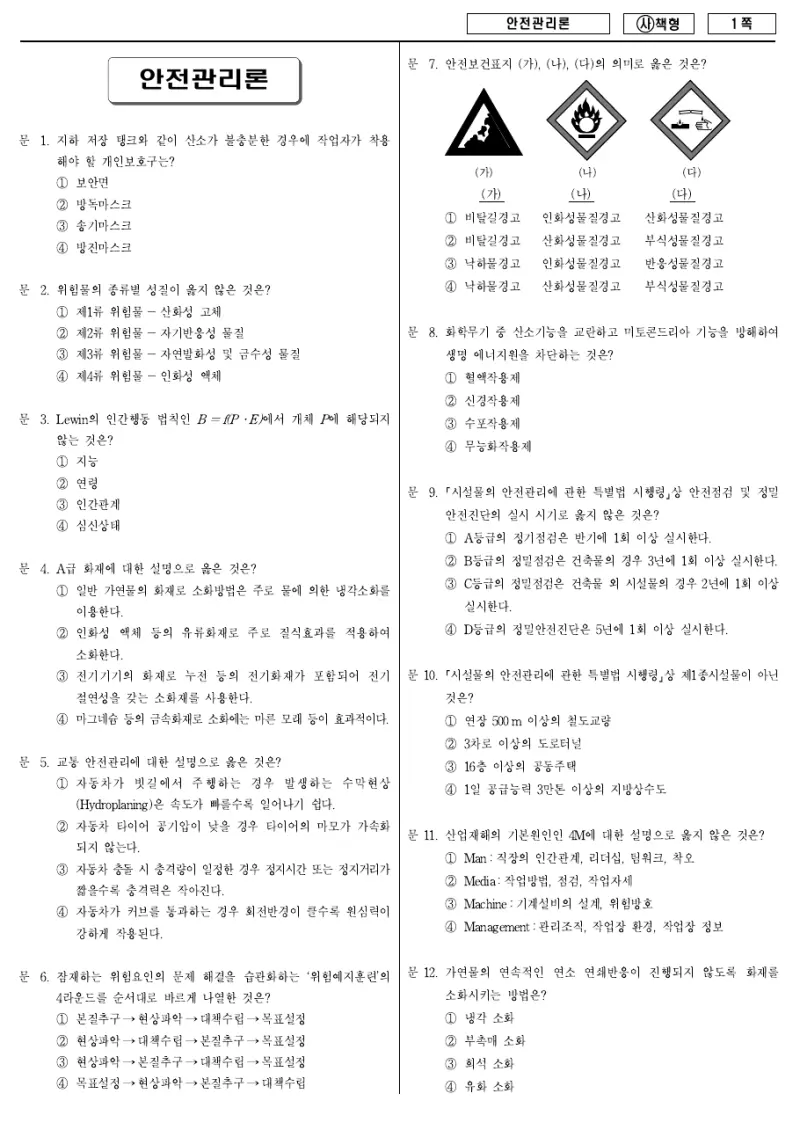 9급 국가직 안전관리론 2015년 시험지 1쪽