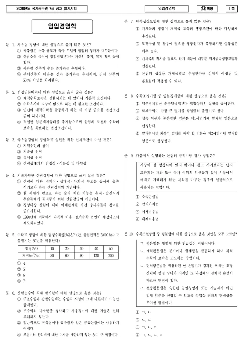 7급 국가직 임업경영학 2020년 시험지 1쪽