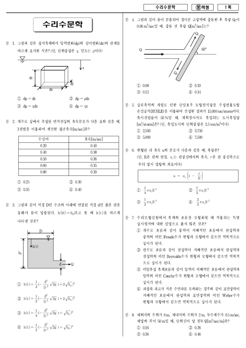 7급 국가직 수리수문학 2009년 시험지 1쪽