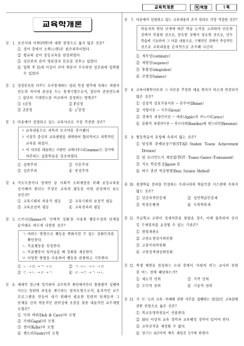 9급 국가직 교육학개론 2009년 시험지 1쪽