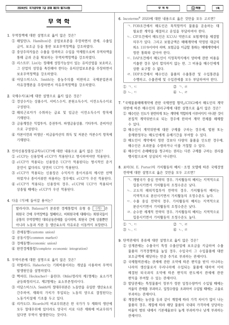 7급 국가직 무역학 2024년 시험지 1쪽