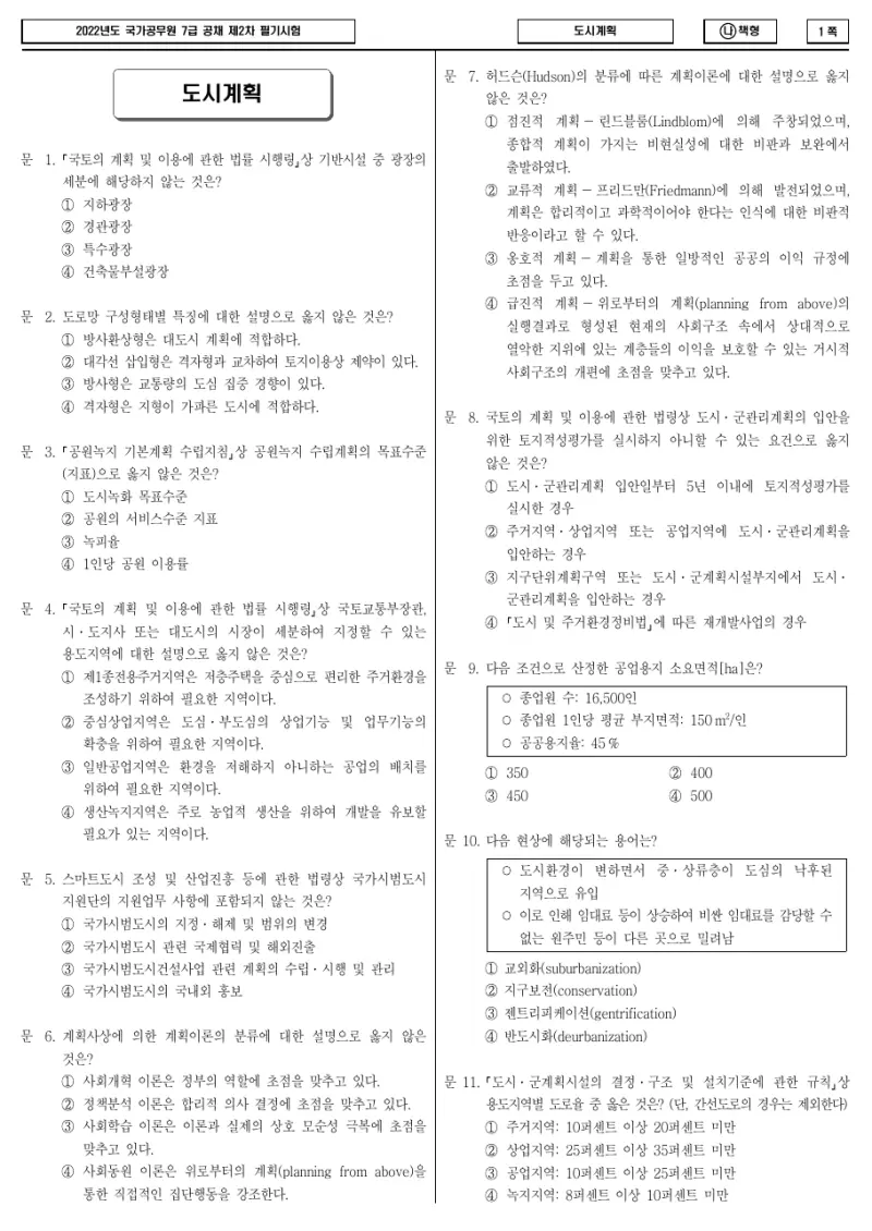7급 국가직 도시계획 2022년 시험지 1쪽