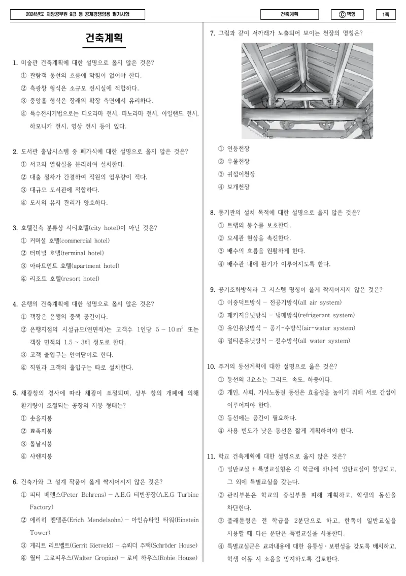 9급 지방직 건축계획 2024년 시험지 1쪽