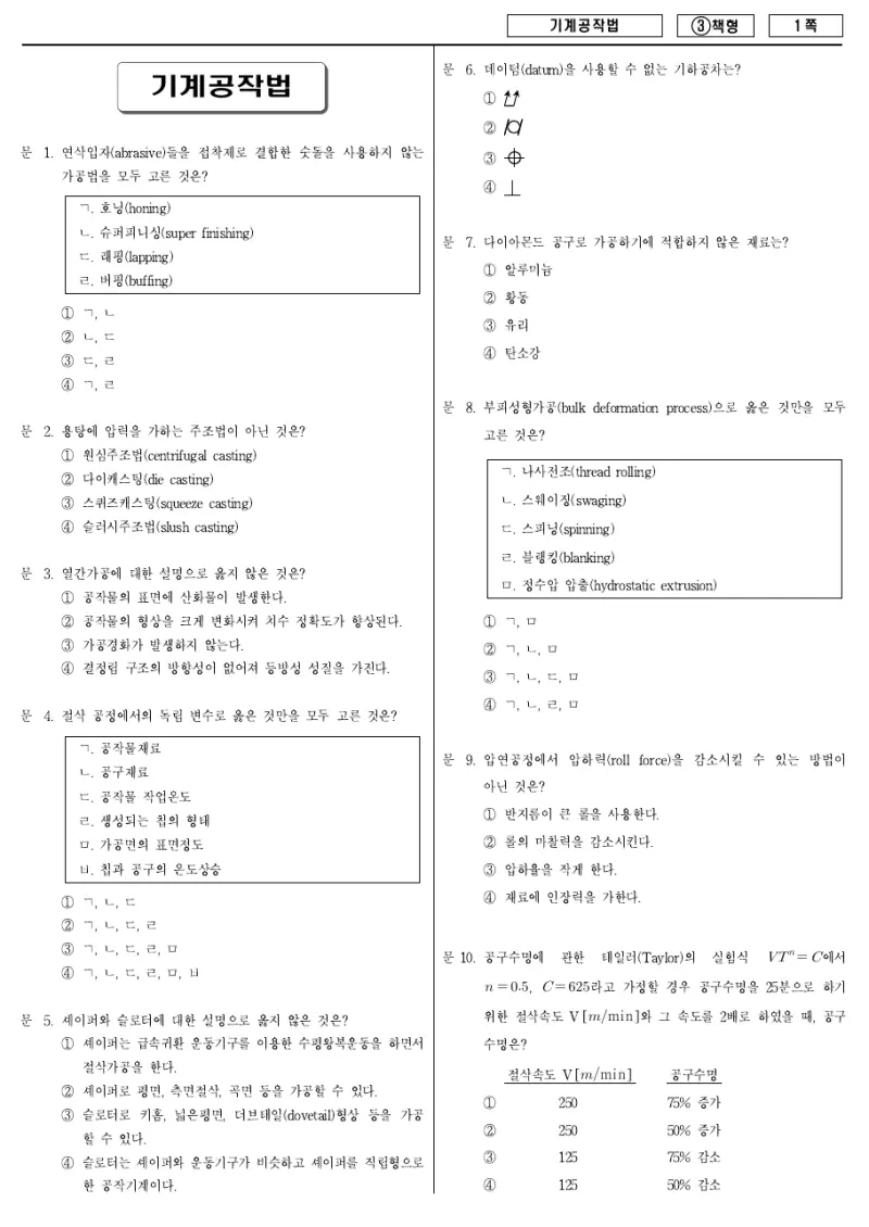 7급 국가직 기계공작법 2015년 시험지 1쪽