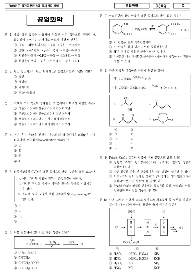 9급 국가직 공업화학 2019년 시험지 1쪽