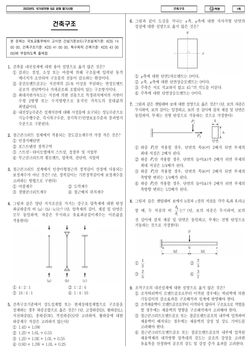 9급 국가직 건축구조 2023년 시험지 1쪽