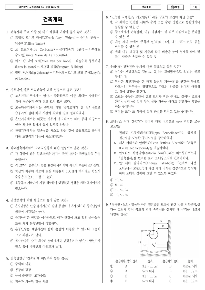 9급 국가직 건축계획 2023년 시험지 1쪽