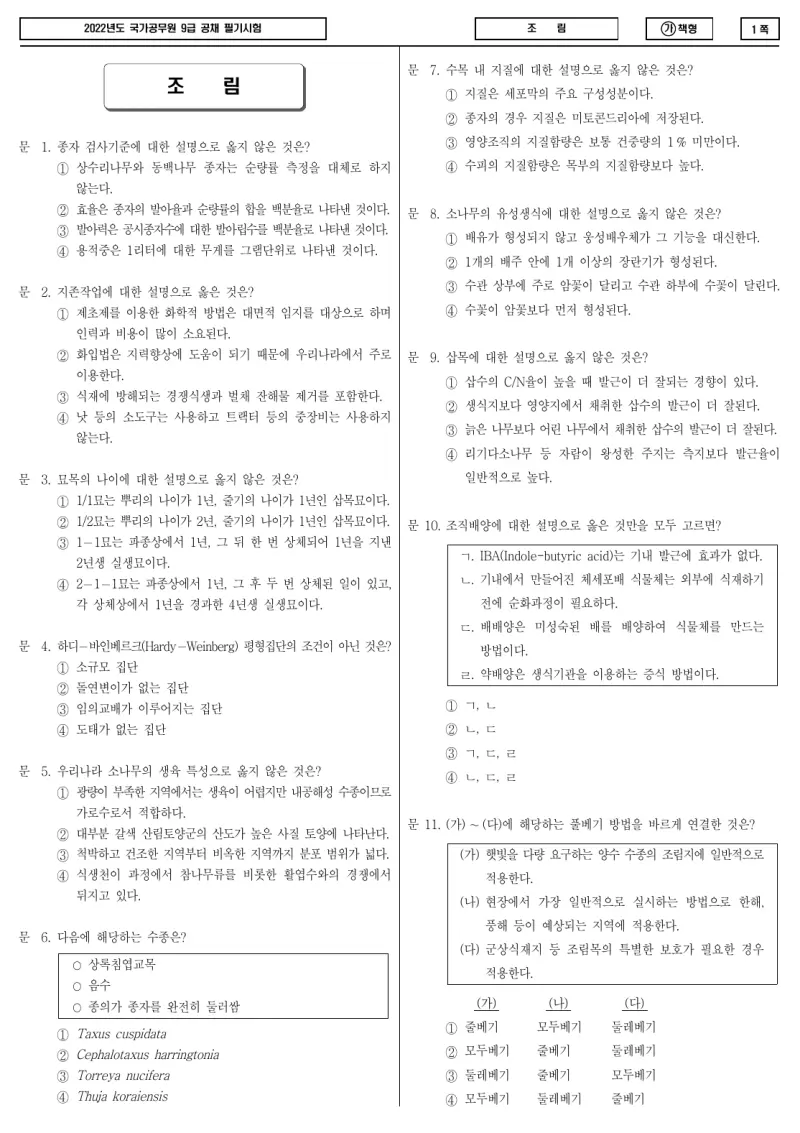 9급 국가직 조림 2022년 시험지 1쪽