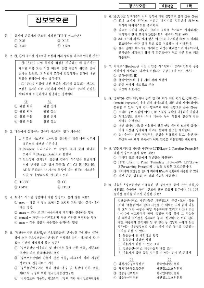 7급 국가직 정보보호론 2018년 시험지 1쪽