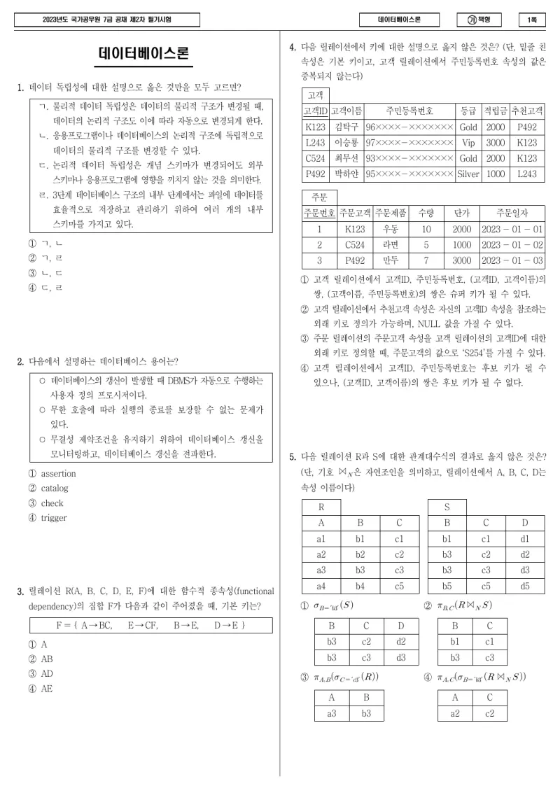 7급 국가직 데이터베이스론 2023년 시험지 1쪽