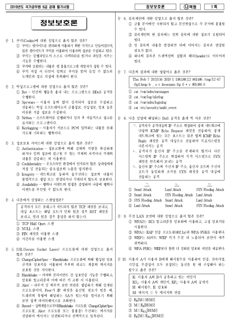 9급 국가직 정보보호론 2019년 시험지 1쪽