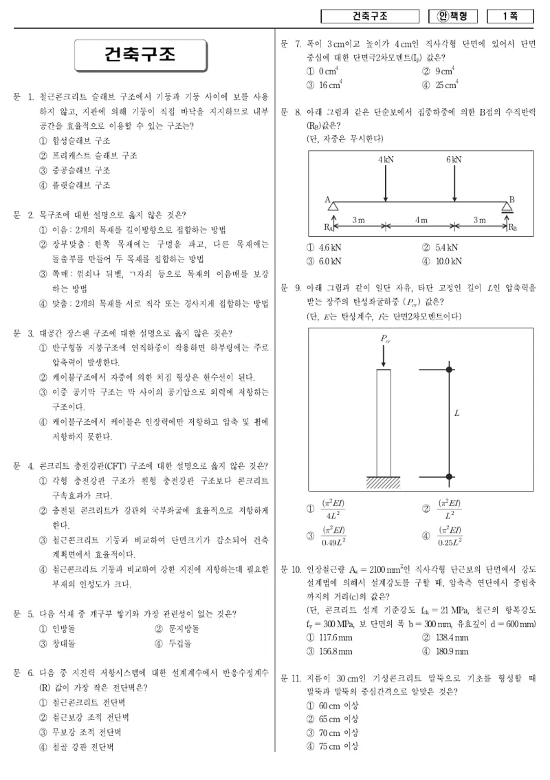 9급 국가직 건축구조 2008년 시험지 1쪽