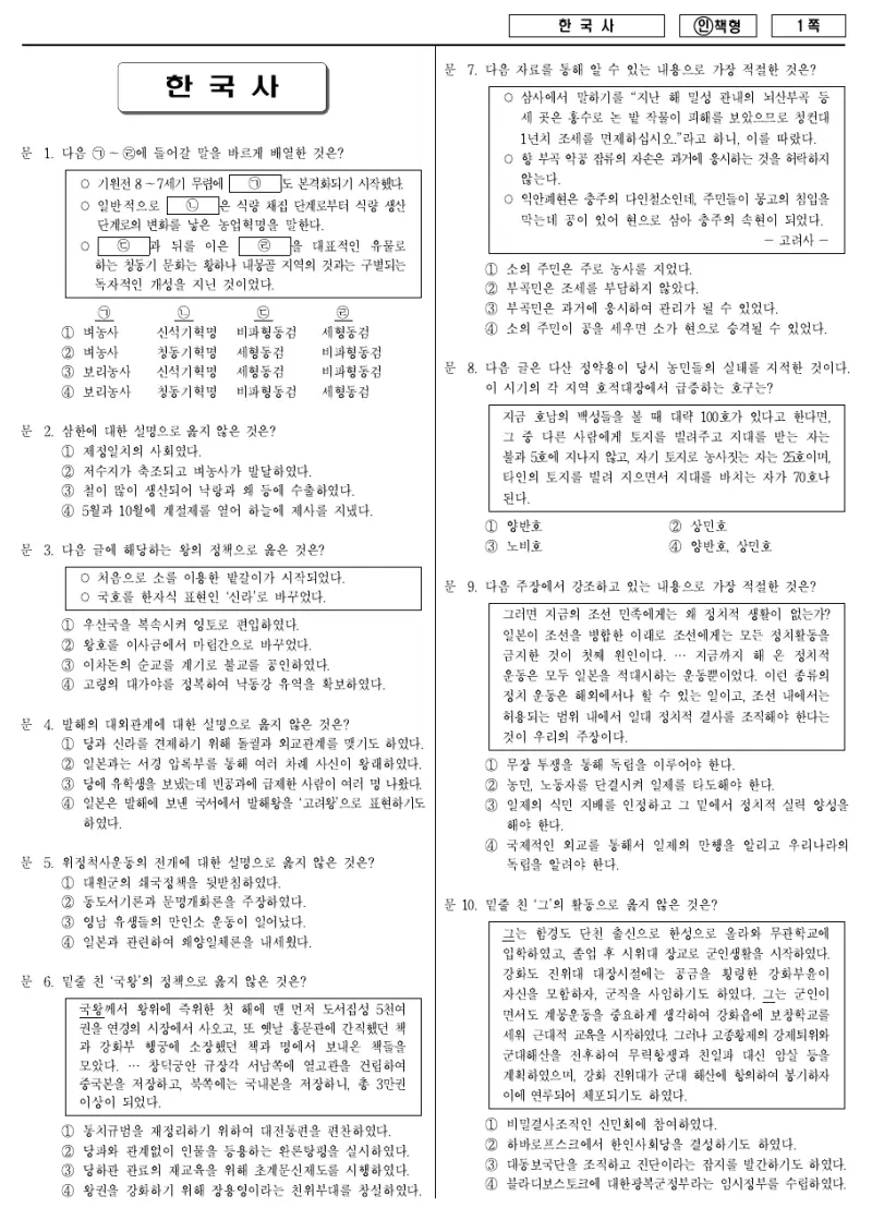 9급 국가직 한국사 2012년 시험지 1쪽