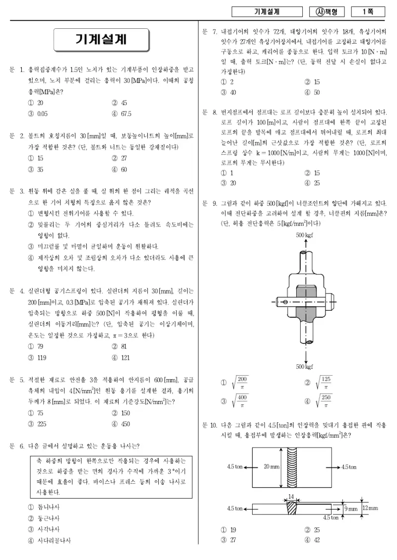9급 국가직 기계설계 2015년 시험지 1쪽