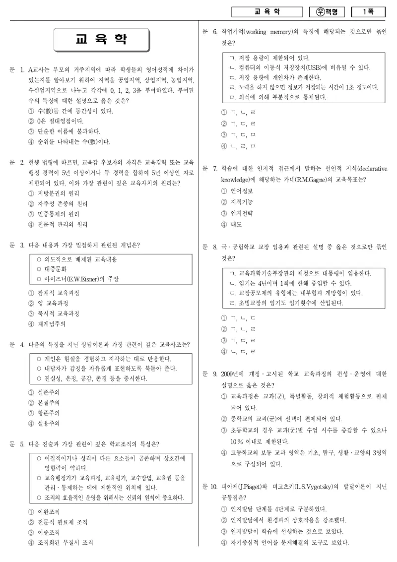 7급 국가직 교육학 2011년 시험지 1쪽