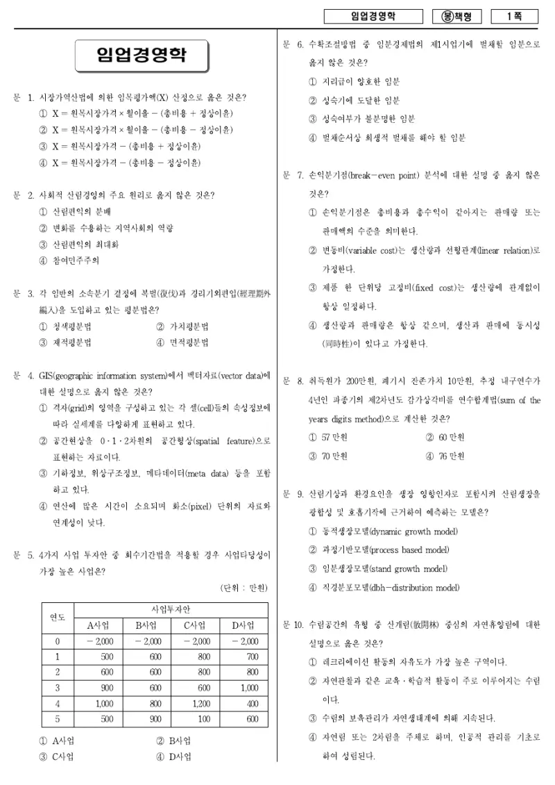 7급 국가직 임업경영학 2009년 시험지 1쪽