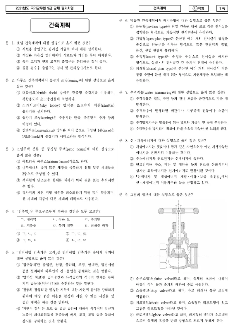 9급 국가직 건축계획 2021년 시험지 1쪽