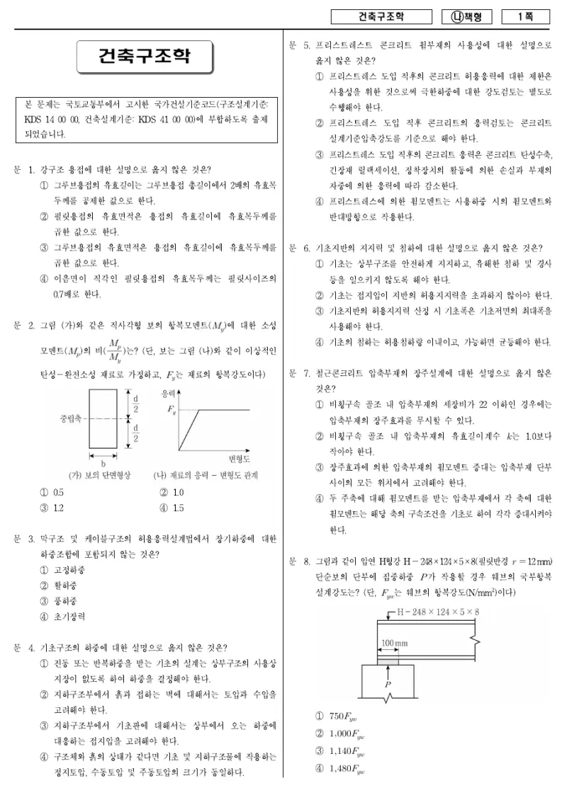 7급 국가직 건축구조학 2018년 시험지 1쪽