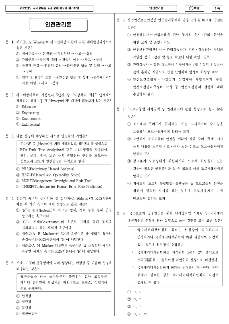 7급 국가직 안전관리론 2021년 시험지 1쪽