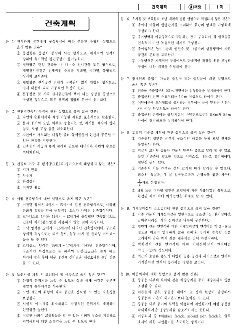 9급 지방직 건축계획 2013년 시험지 1쪽
