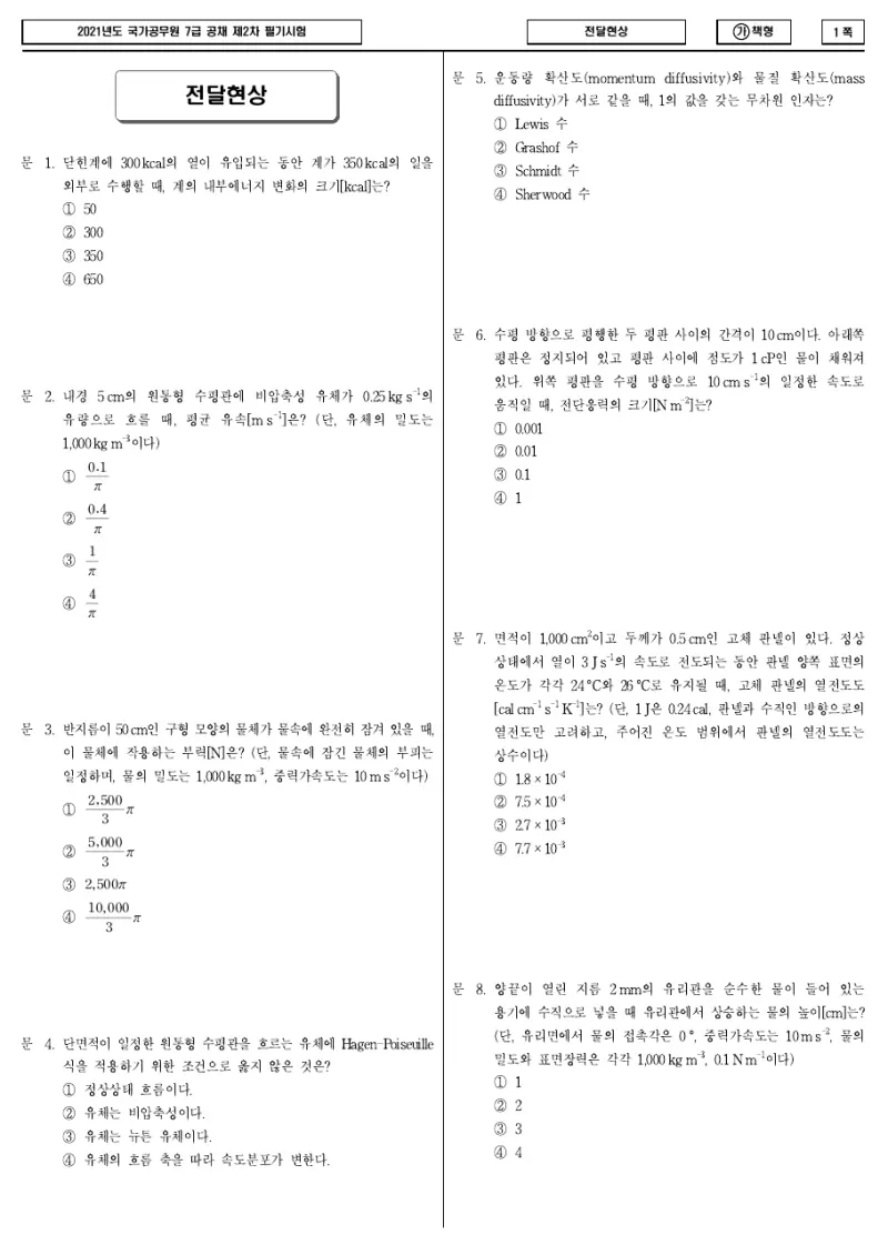 7급 국가직 전달현상 2021년 시험지 1쪽