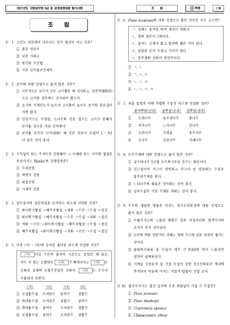 9급 지방직 조림 2021년 시험지 1쪽