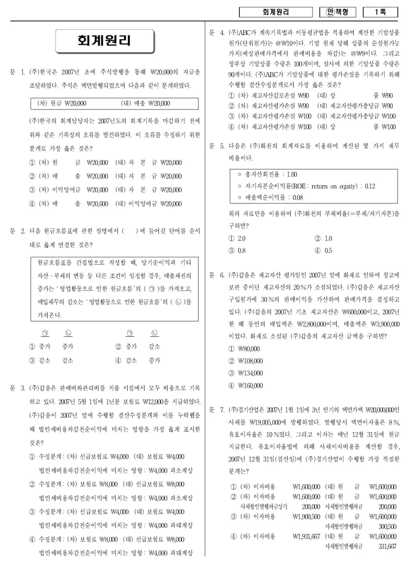 9급 국가직 회계원리 2008년 시험지 1쪽