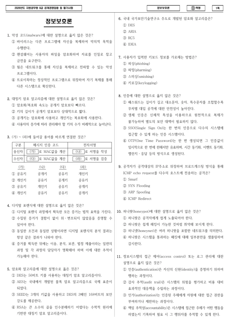 9급 지방직 정보보호론 2026년 시험지 1쪽