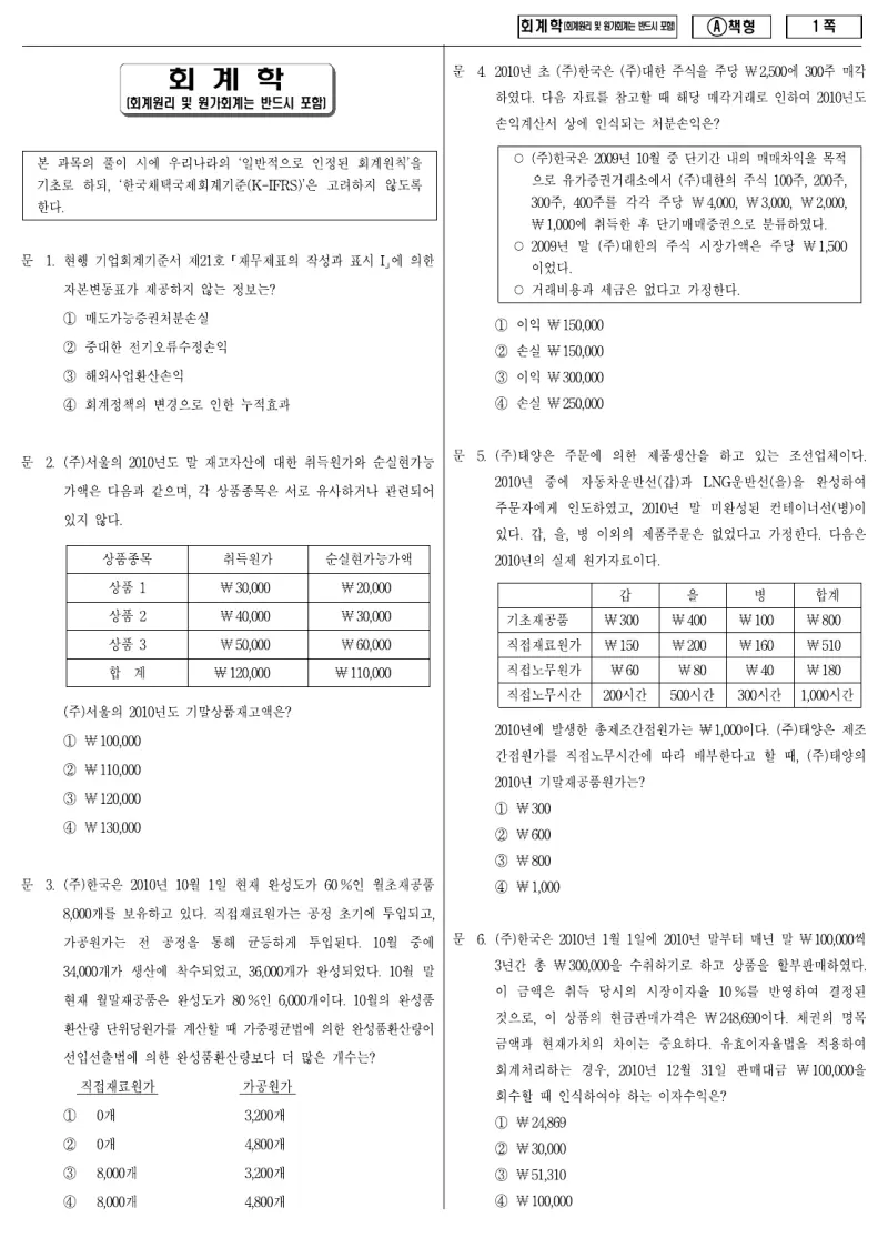 9급 지방직 회계학 2010년 시험지 1쪽