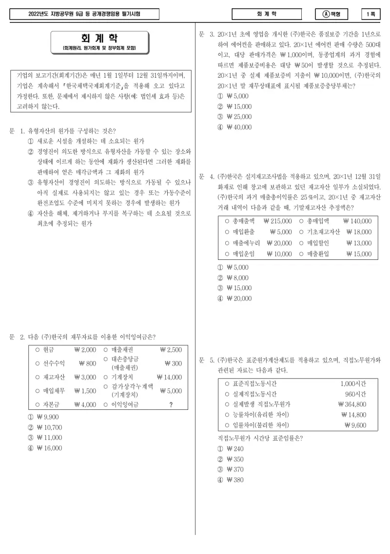 9급 지방직 회계학 2022년 시험지 1쪽